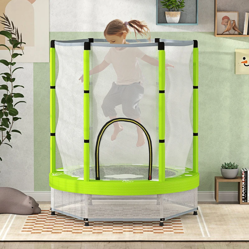 Qaba 4.6FT Toddler Trampoline w/ Safety Net, Recreational Trampoline for Indoor Outdoor, Cloud Pattern, Green