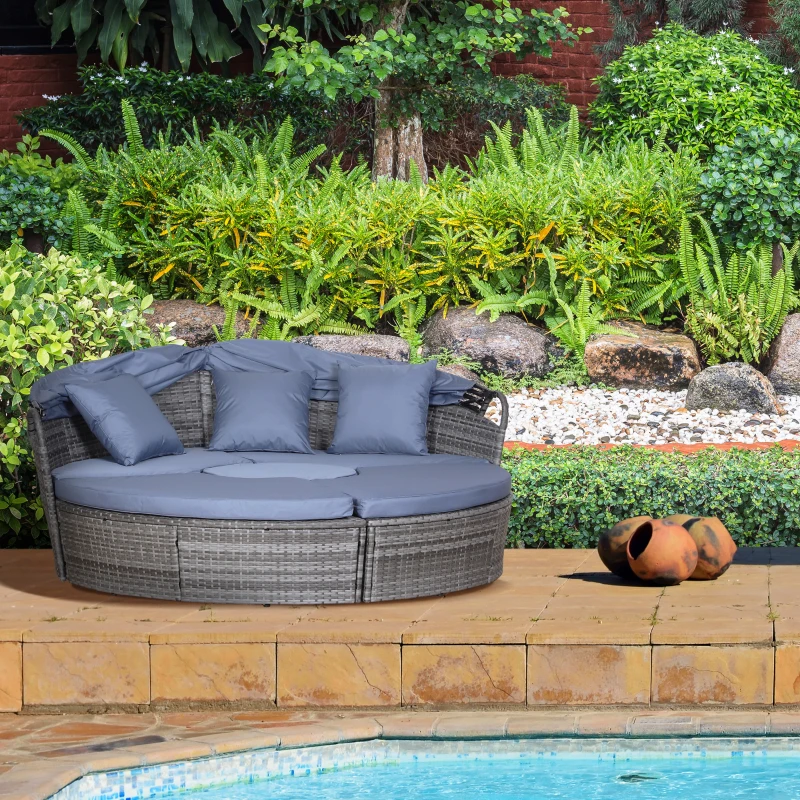 Outsunny 4pc Rattan Patio Furniture Set, Round Convertible Daybed or Sunbed, Adjustable Sun Canopy, Sectional Outdoor Sofa, 2 Chairs, Table, 3 Pillows, PE Plastic Wicker, Gray