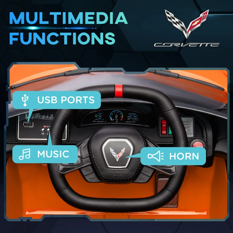 Qaba Chevrolet Corvette Licensed 12V Kids Electric Car with Parental Remote Control, Suspension System, Slow Start, Orange