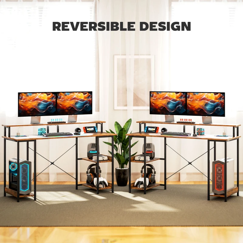 HOMCOM Computer Desk with Storage, 55" Reversible Computer Table with Power Outlets and LED Lights, Rustic Brown