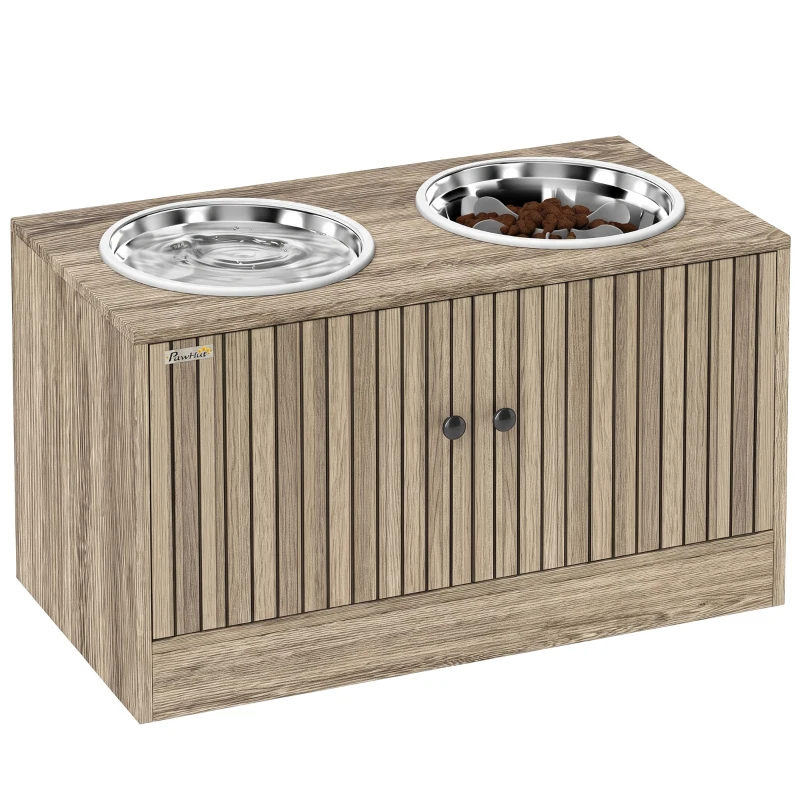 PawHut Elevated Dog Bowls with Storage Cabinet,  2 Stainless Steel Bowls, Slow Feeder, Dog Feeding Station for Large Dogs, Brown Wood Grain