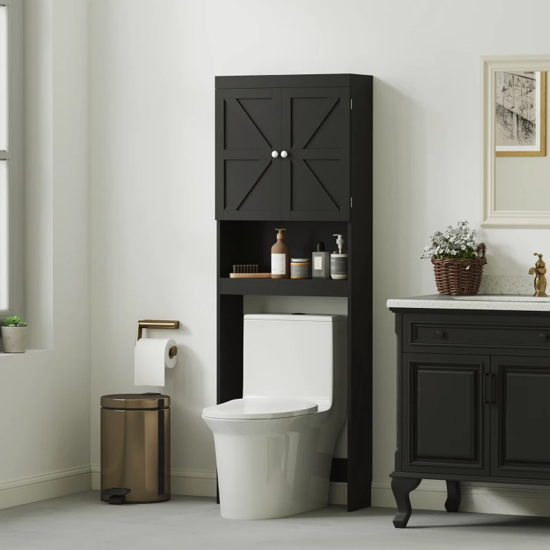 HOMCOM Over The Toilet Storage Shelf, Modern Bathroom Above Toilet Storage with Barn Doors and Open Shelf, Black