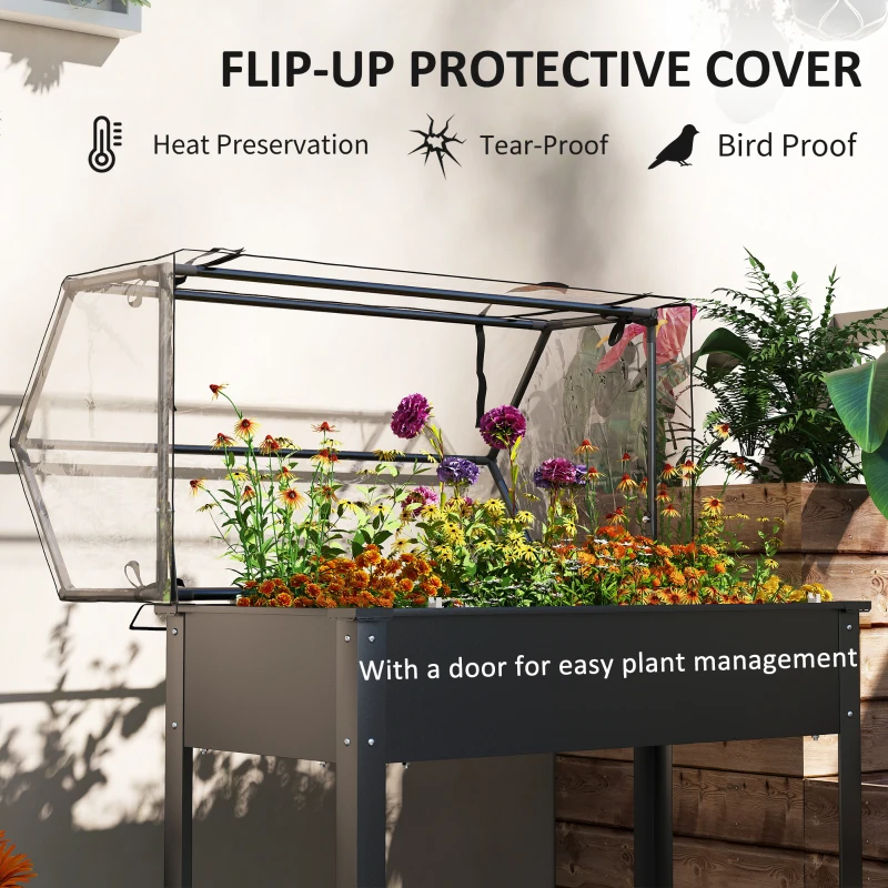 Outsunny Elevated Garden Box with Greenhouse Cover, Raised Garden Bed with Legs and Drainage Hole for Vegetables, Black