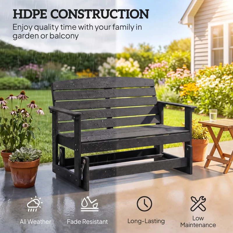 Outsunny Patio Glider Bench w/ HDPE Slatted Double Rocking Chair, Black