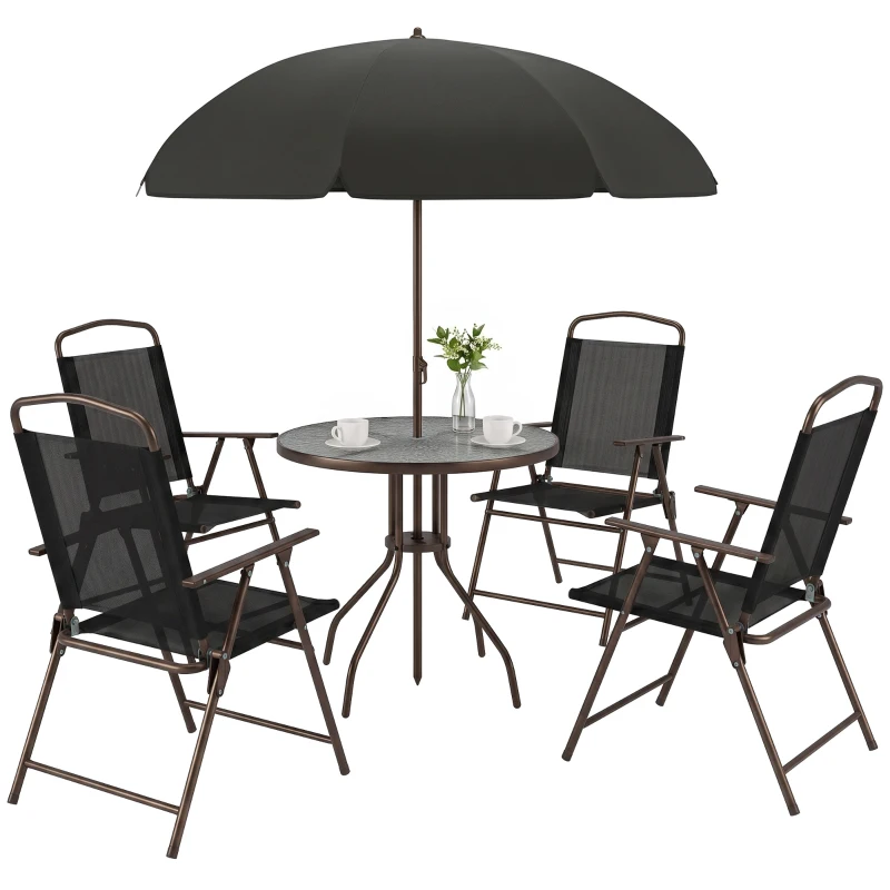 Outsunny 6 Piece Patio Dining Set for 4 with Umbrella, Outdoor Table and Chairs with 4 Folding Dining Chairs & Round Glass Table for Garden, Backyard and Poolside, Black and Coffee