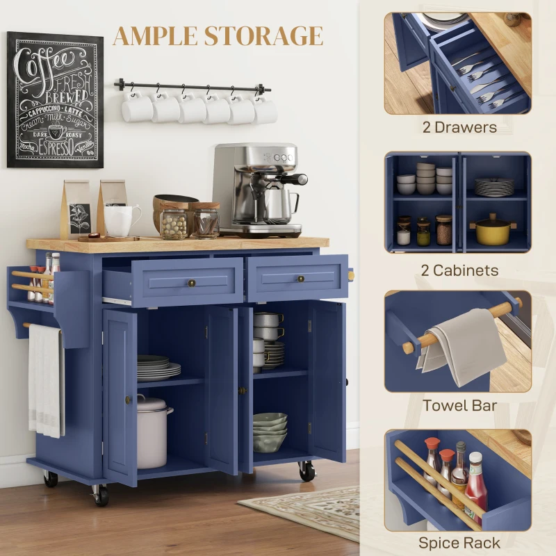 HOMCOM Kitchen Island on Wheels, Rolling Cart with Rubberwood Top, Spice Rack, Towel Rack and Drawers, Navy Blue