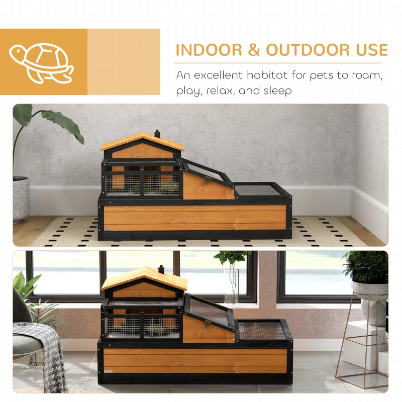 PawHut 3-Room Tortoise Habitat House w/ Balcony & 2 Stories, 44" x 25.5" x 25", Yellow