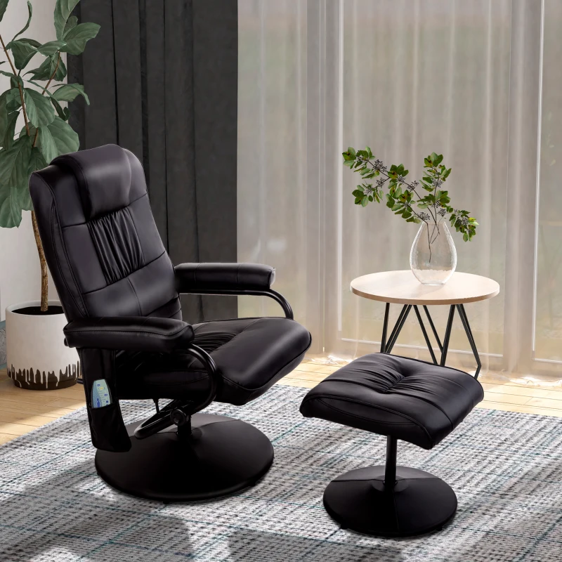 HOMCOM Massaging Faux Leather Recliner Chair and Ottoman Set, Swivel Vibration Massage Lounge Chair with Remote Control for Living Room, Bedroom, or Office, Black