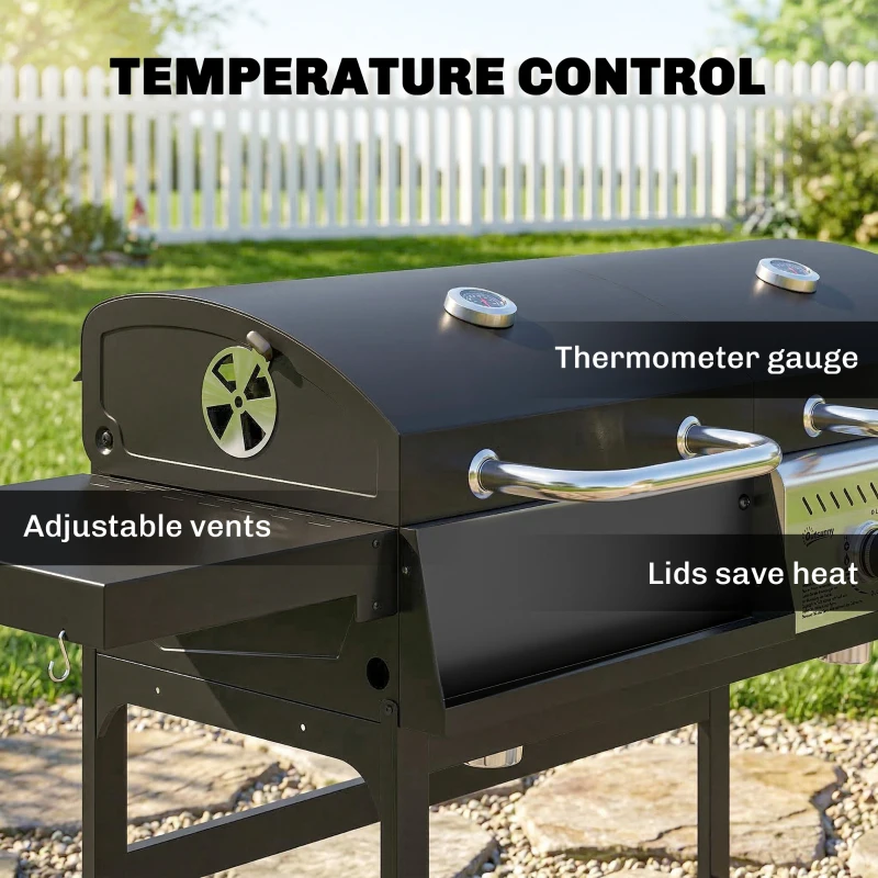 Outsunny Dual Fuel BBQ Grill, Charcoal and 2+1 Gas Burner Barbecue Grill with Wheels, Warming Rack, Black