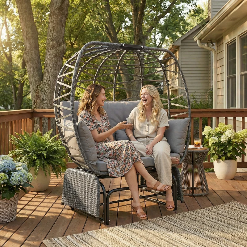Outsunny Double Outdoor Glider Egg Chair, Outdoor Loveseat Glider with Cushions and Pillows, Dark Grey