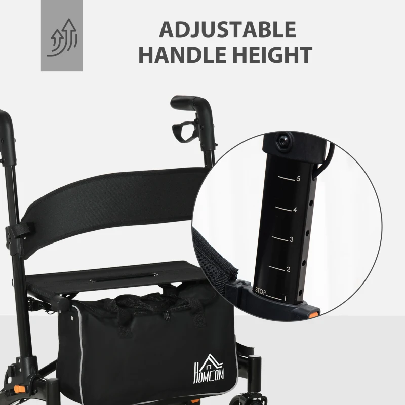 HOMCOM Aluminum Rollator Walker for Seniors and Adults with 10'' Wheels FSA HSA Eligible, Seat and Backrest, Folding Rolling Walker with Adjustable Handle and Storage Bag, Support up to 300lbs, Black