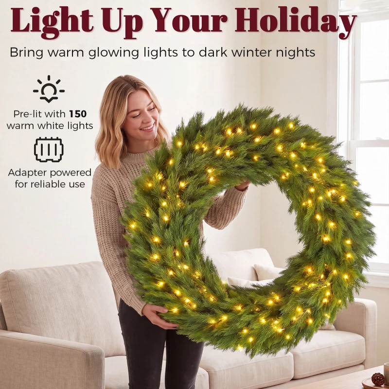 HOMCOM Christmas Decoration, 48 in Pre-Lit Norwegian Spruce Artificial Christmas Wreath with 150 LED Lights, Green