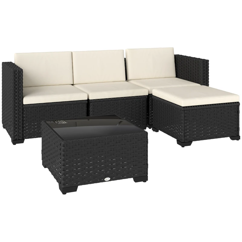 Outsunny 5 Piece Patio Furniture Set, L-Shape Wicker Outdoor Sectional with 3 Chairs, Ottoman, Glass Table, Cushions, Cream