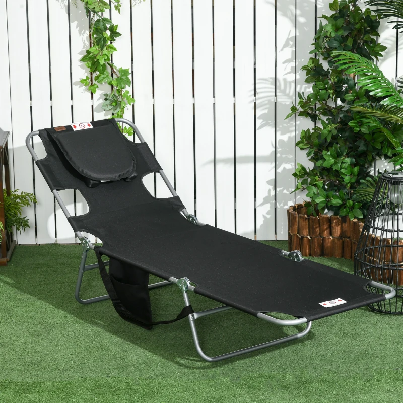 Outsunny Folding Outdoor Lounge Chair, 5-Level Tanning Chair with Face Hole, Side Pocket, Carry Strap for Beach Pool, Black