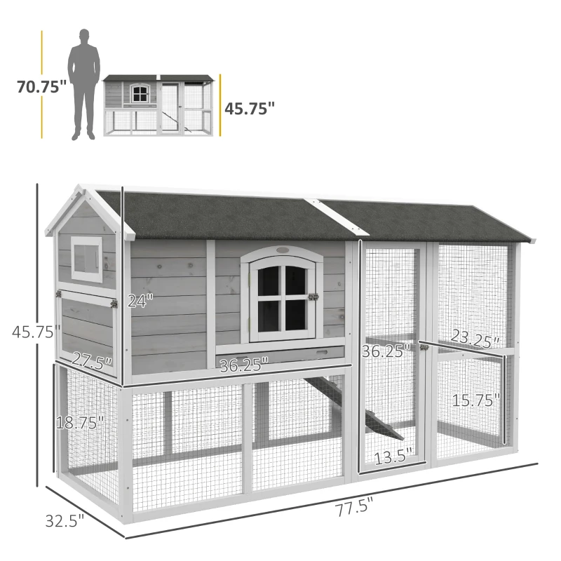 PawHut Wooden Chicken Coop with Run for 3 - 4 Chickens, Hen House with Nesting Box, Removable Tray, Outdoor Poultry Cage, 77.5" x 32.5" x 46", Light Gray