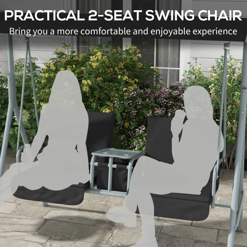Outsunny 2-Seater Outdoor Porch Swing with Adjustable Canopy and Table, Patio Swing Chair for Garden, Poolside, Backyard, Black