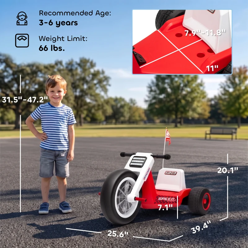 Qaba 12V Electric Car for Kids, Electric Ride On Tricycle with Soft Start, Light-Up Wheel, Adjustable Seat for 3-6, Red