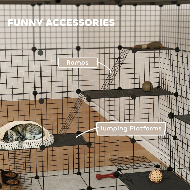 PawHut Detachable Metal Cat Cage with Platforms, Ramps, Accessories, for 1-3 Cats, 55", Black