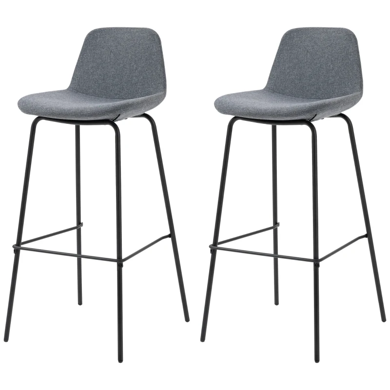 HOMCOM 29.5" Bar Stools Set of 2, Upholstered Extra Tall Barstools, Armless Bar Chairs with Back, Steel Legs, Grey