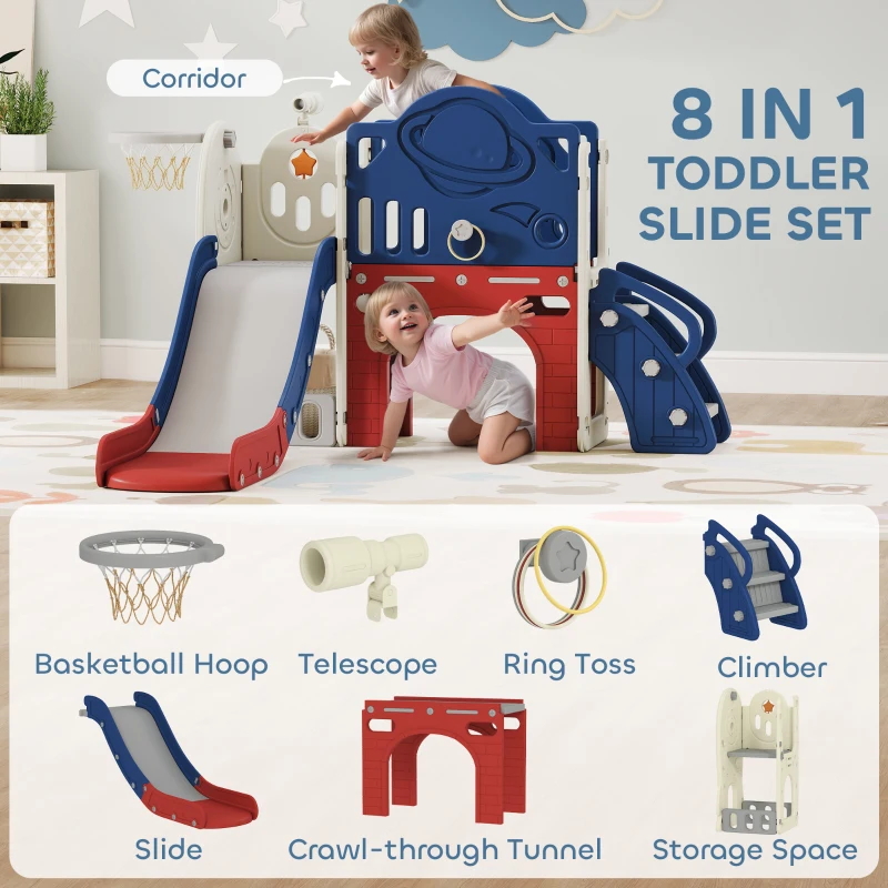 Qaba 8-in-1 Toddler Slide Set with Basketball Hoop, Indoor Outdoor Playground Playset for Kids, Blue