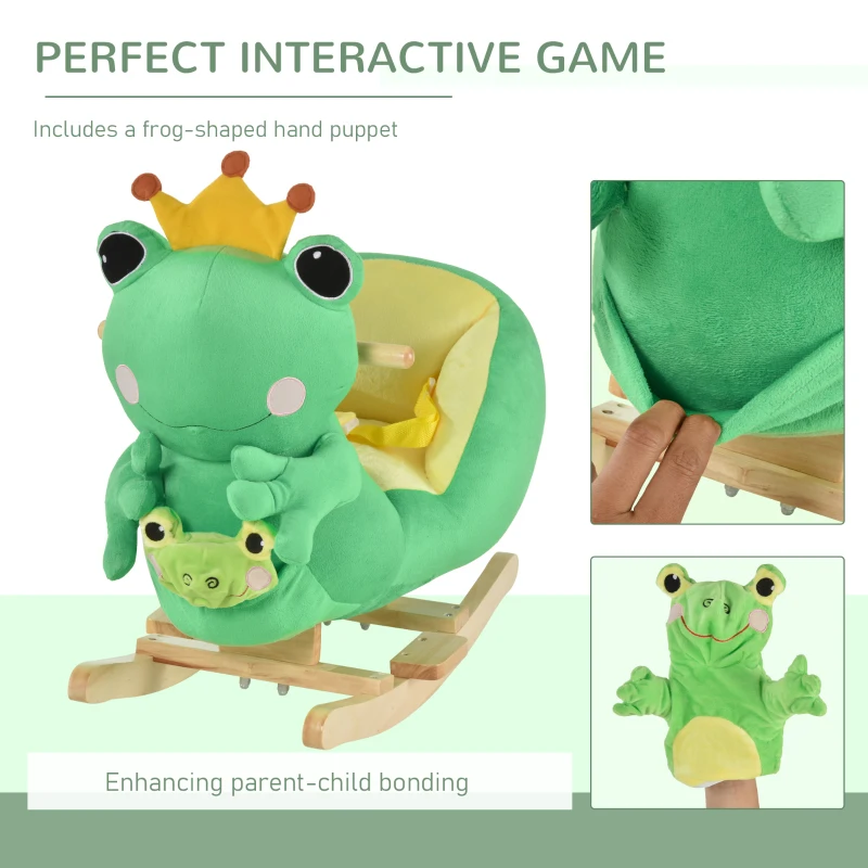 Qaba Kids Ride-On Rocking Horse Toy Frog Style Rocker with Fun Music, Seat Belt & Soft Plush Fabric Hand Puppet for Children 18-36 Months