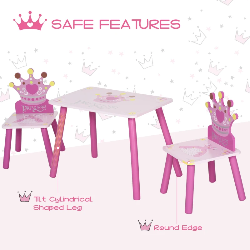 Qaba 3-Piece Kids Wooden Table and Chair Set with Crown Pattern Gift for Girls Toddlers Arts Reading Writing Age 2-4 Years Pink