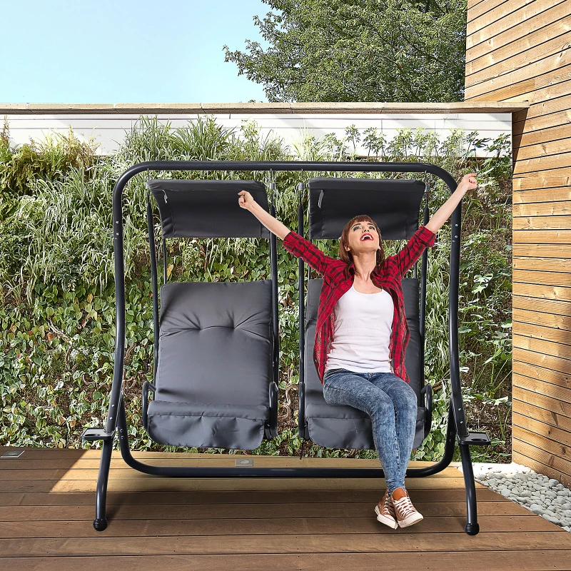 Outsunny Patio Swing Chair with 2 Separate Seats, Outdoor Swing Glider with Removable Canopy and Cup Holders, for Porch, Garden, Poolside, Backyard, Gray