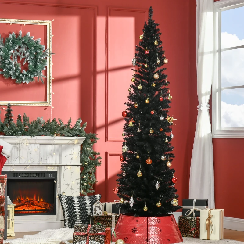 HOMCOM 7ft Unlit Pencil Artificial Christmas Tree with Realistic Branches and 499 Tips, Plastic Base, Black