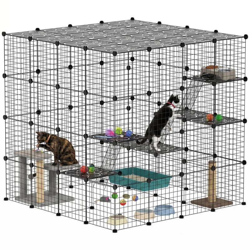 PawHut 4-Tier 55" Cat Cage Indoor with Platforms, Ramps, Accessories, for 1-3 Cats, Indoor Use, Black