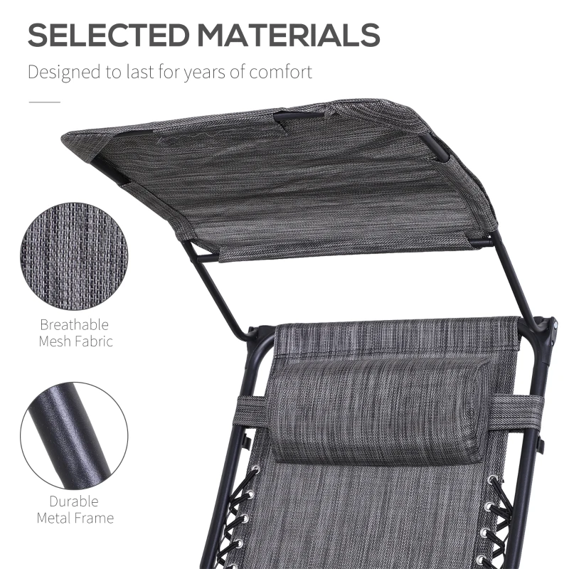 Outsunny Outdoor Zero Gravity Reclining Lounger Chair with Canopy Shade, Side Tray, Cupholder, Dark Grey