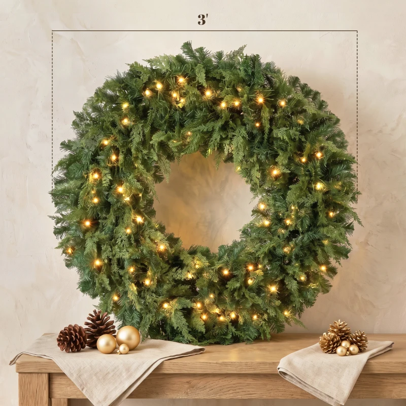 HOMCOM 36" Prelit Crestwood Spruce Artificial Christmas Wreath, Christmas Decor with Bow, LEDs, 8 Modes, Realistic Tips