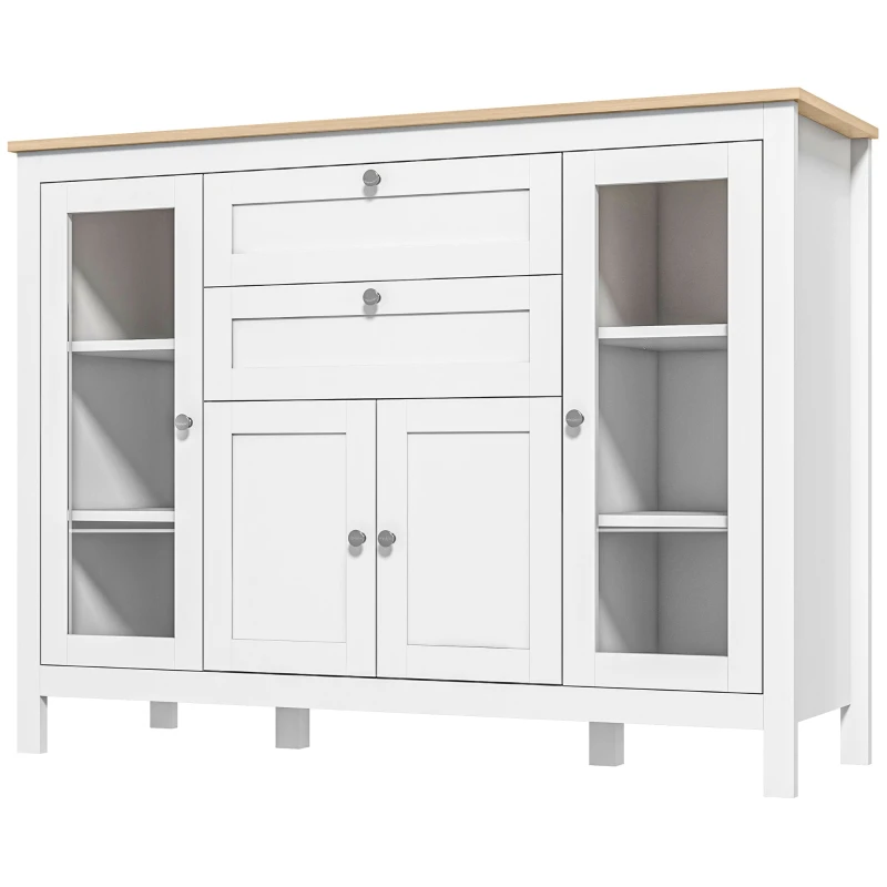 HOMCOM 47" Sideboard, Buffet Cabinet with Rubber Wood Top, Glass Door, Kitchen Coffee Bar Cabinet with Drawers, White