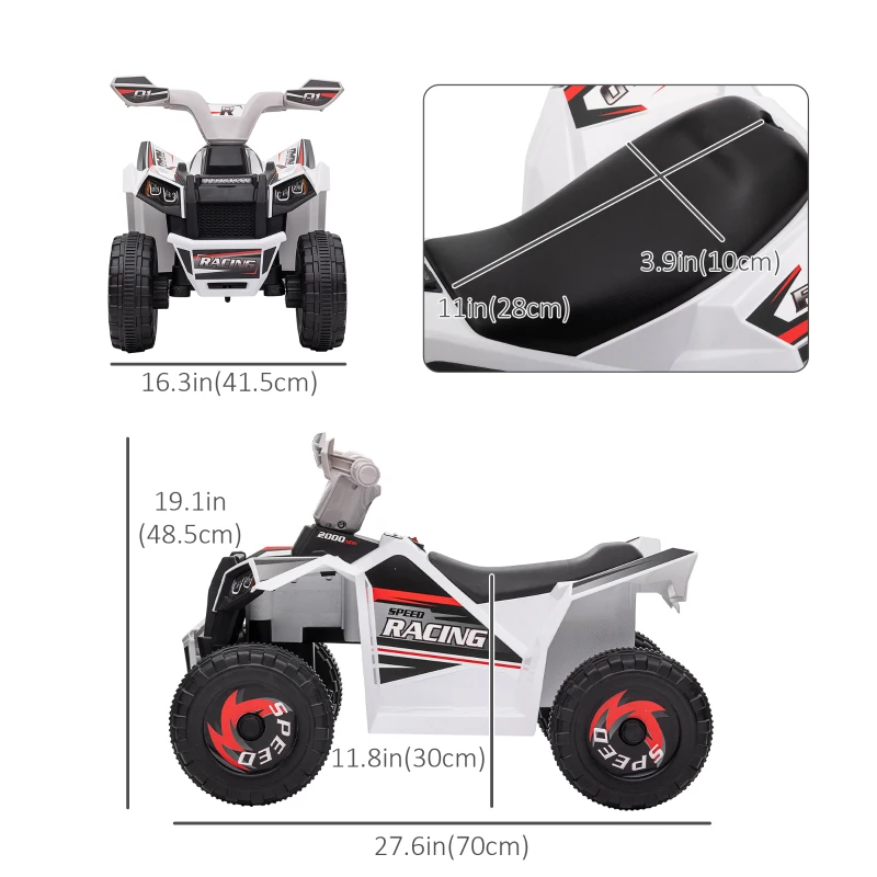 Aosom 6V Quad Kids Electric Car with Wear-resistant Wheels, for Boys and Girls Aged 18-36 Months, White