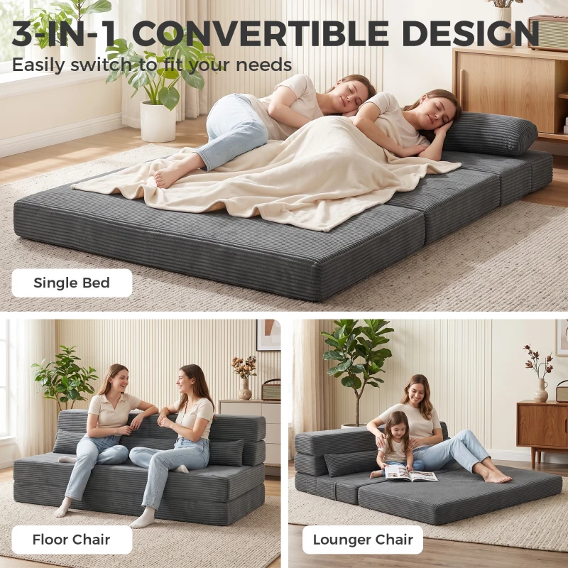 HOMCOM Floor Chair with Back Support Four-Fold Floor Gaming Chair Side Pockets Pillow Floor Seat Sofa Bed, Dark Grey