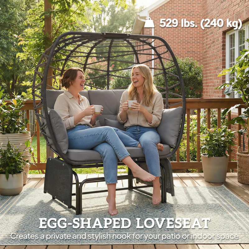 Outsunny Double Outdoor Glider Egg Chair, Outdoor Loveseat Glider with Cushions and Pillows, Dark Grey