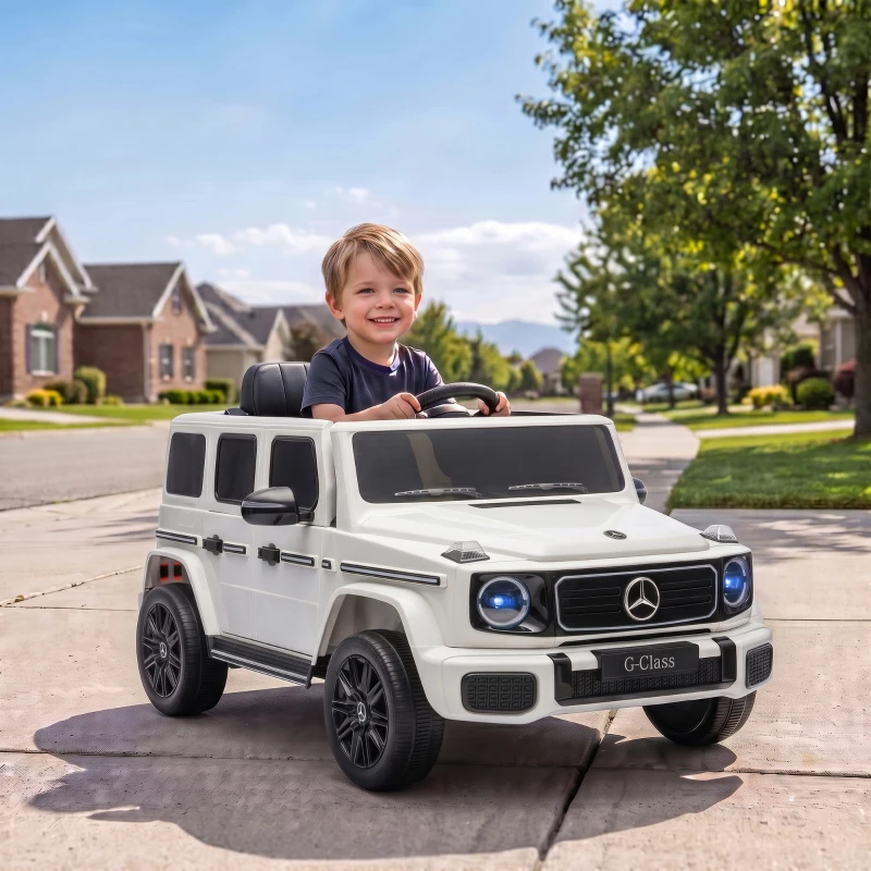 Qaba Licensed Mercedes-Benz G580 12V Kids Ride On Car with Remote, Soft Start, Headlights, Seat Belt, Music, USB, Horn, White