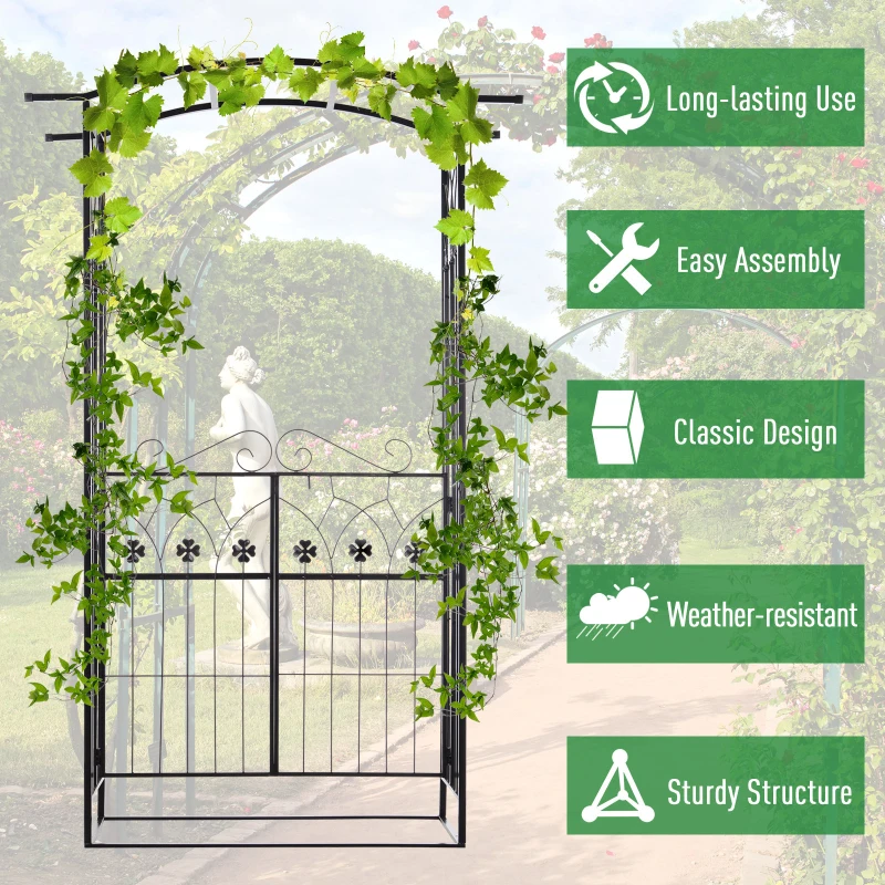 Outsunny Outdoor Metal Trellis Garden Arch Arbor w/ Lucky Leaf Clover Gate for Ceremony Wedding Party Garden Lawn, Black