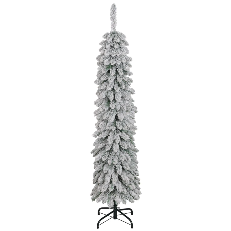 HOMCOM 5ft Snow-Flocked Artificial Christmas Tree, Slim Pencil Xmas Tree with 301 Realistic Branches, Metal Base, Green