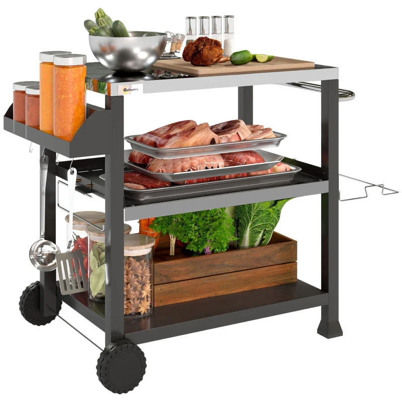 Outsunny 3-Shelf Outdoor Grill Cart Table with Side Handle, Stainless Steel Pizza Oven Stand on Wheels, Black