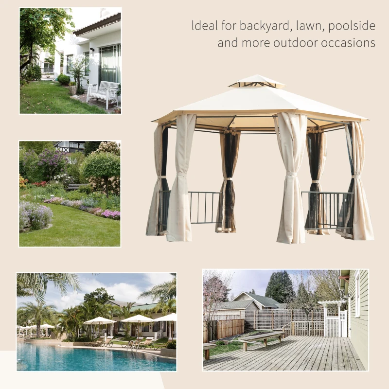 Outsunny 13ft Hexagon Gazebo Outdoor Canopy Shelter with Netting and Shaded Curtains Beige