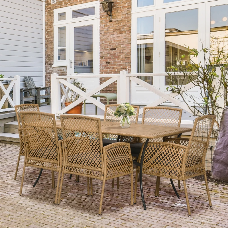 Outsunny 7 Pieces Outdoor Dining Set for 6, Wicker Rattan Patio Furniture Set, Patio Table and Chairs Set with Cushions, Plastic Wood Table Top, Conversation Set for Garden, Backyard, Deck, Tan
