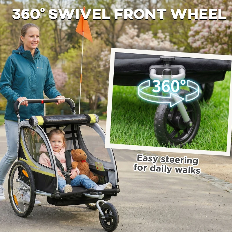 Aosom 2 Seat Bike Trailer for Kids 2-in-1 Double Baby Stroller with Handbrake, Rubber Wheels, 5 Point Harness, Waterproof Cover, Storage Bag, Reflectors, Yellow