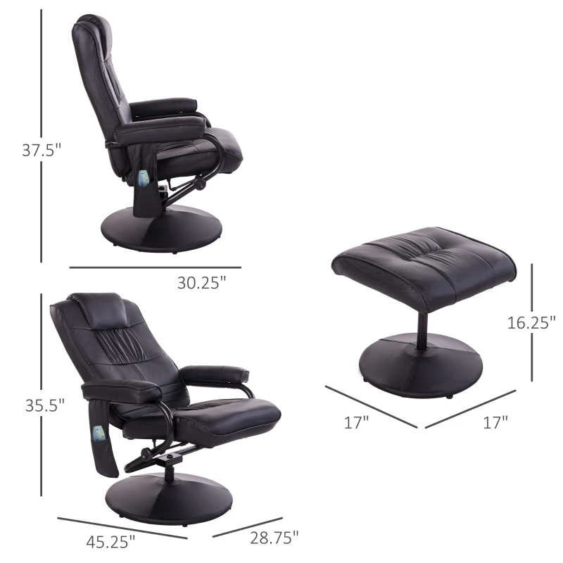 HOMCOM Massaging Faux Leather Recliner Chair and Ottoman Set, Swivel Vibration Massage Lounge Chair with Remote Control for Living Room, Bedroom, or Office, Black
