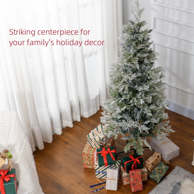 HOMCOM 5 Feet Pencil Snow Flocked Artificial Christmas Tree with 517 Realistic Cypress Branches, Auto Open, Green