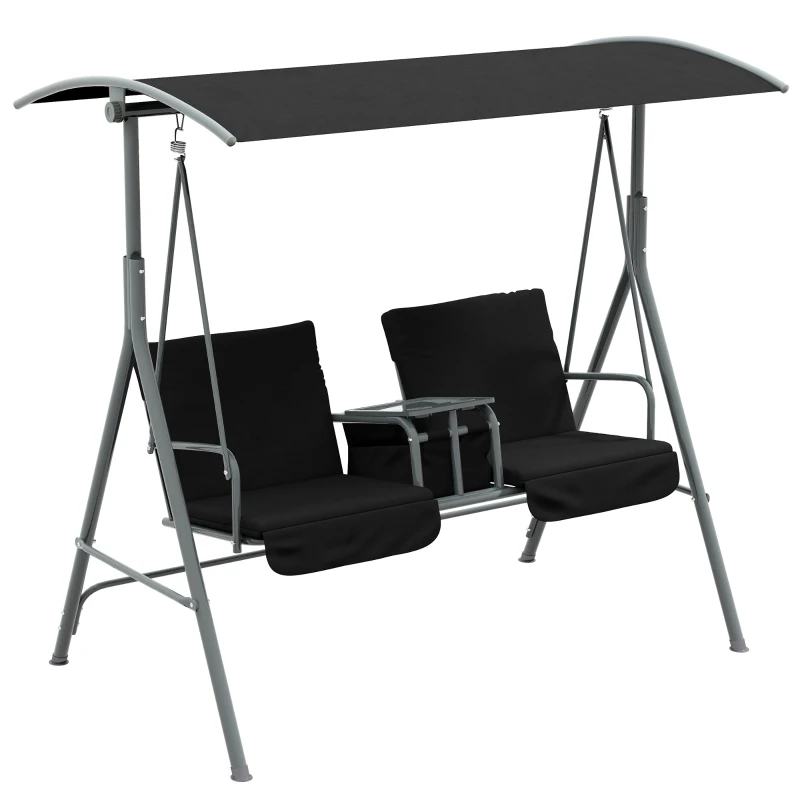 Outsunny 2-Seater Outdoor Porch Swing with Adjustable Canopy and Table, Patio Swing Chair for Garden, Poolside, Backyard, Black