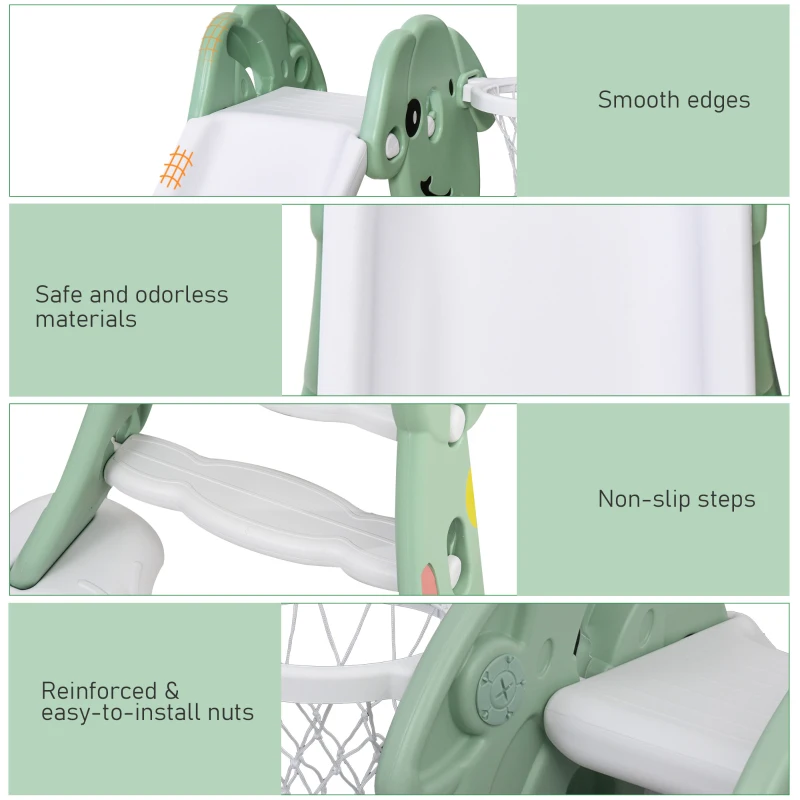 Qaba kids Slide for Indoor and Outdoor, Toddler Freestanding Slide Climber Toy for 18-48 Months Basketball Hoop, Ball and Inflator, Green