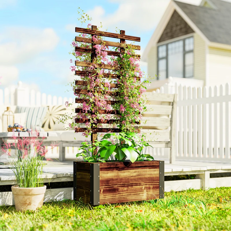 Outsunny Wooden Raised Garden Bed, Planter Box w/ Trellis and Metal Corners, Portable on Wheels for Patio, Backyard, Deck, Brown