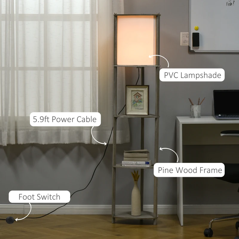 HOMCOM Floor Lamp with Display Shelves, Modern Standing Lamps with Footswitch, Solid Wood Nightstand Tower Lamp for Living Room Bedroom and Office