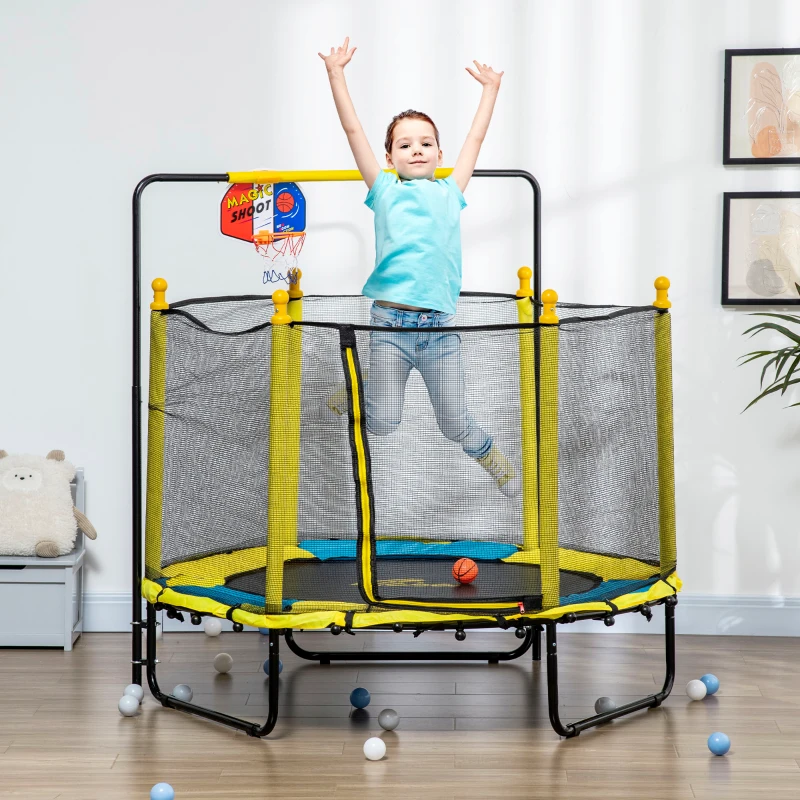 Qaba 4.6' Kids Trampoline with Basketball Hoop, Horizontal Bar, 55" Indoor Trampoline with Net, Yellow