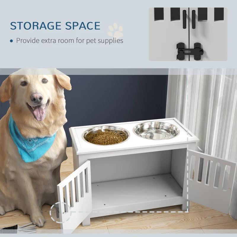 PawHut Dog Food Storage Cabinet with Bowls & Dog Feeding Station, White